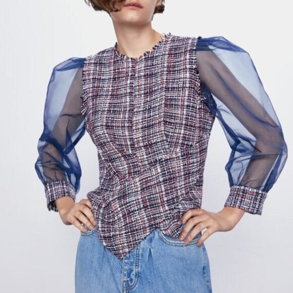 Zara Organza and Tweed Mixed Media Puff Sleeve Blouse Top (NWT) - Picture 1 of 6